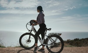 Woman on a bike overlooking the ocean