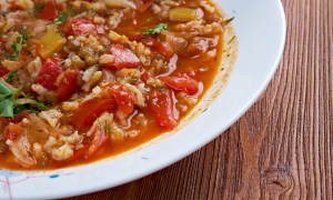 Bowl of lentil and brown rice soup